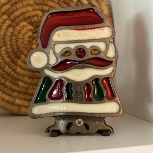 VTG 80s Tiffany Style Glo Candle Santa Claus Christmas Votive Holder